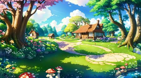 14940-762222473-Concept art, horizontal scenes, horizontal line composition, tree, scenery, outdoors, house, grass, day, flower, nature, fantasy.png